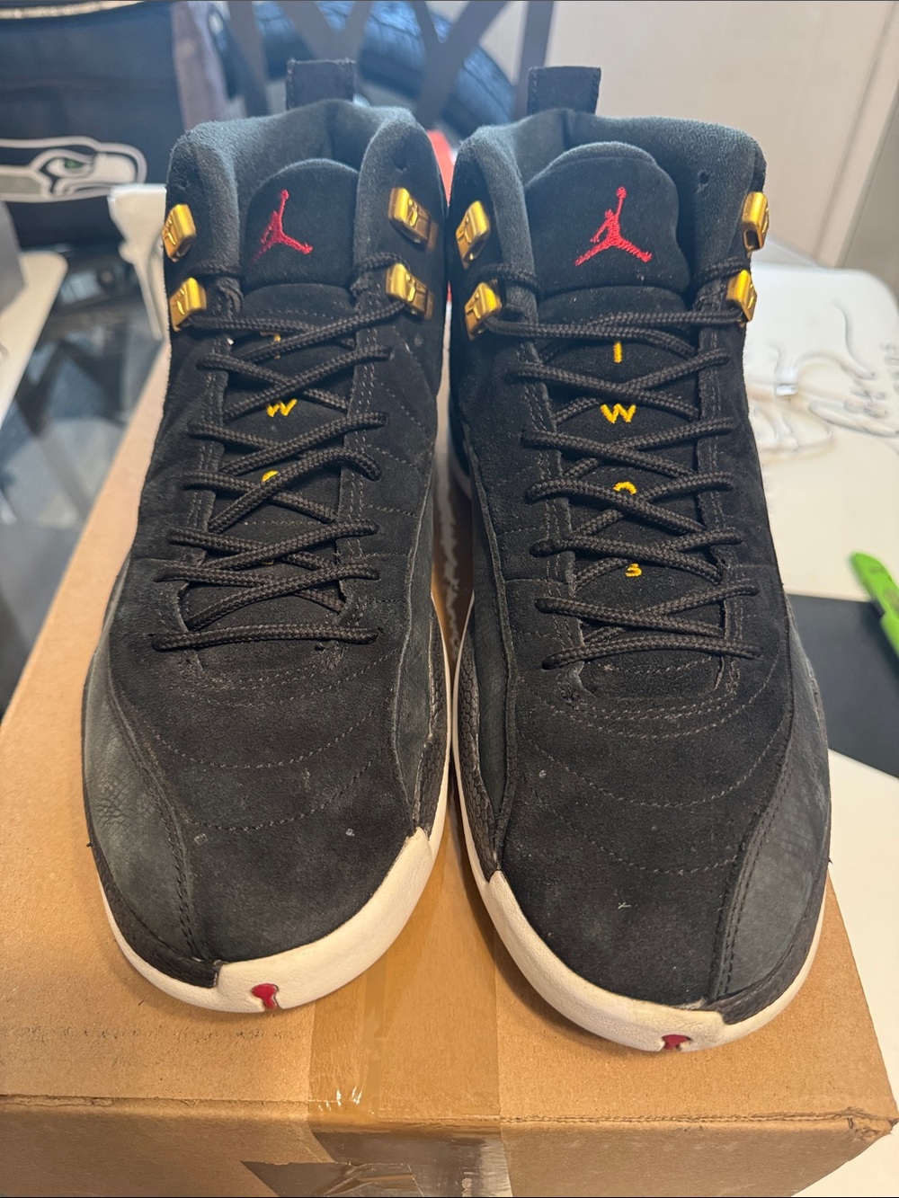 Jordan Men's Black Suede Sneakers with Red & Gold Accents